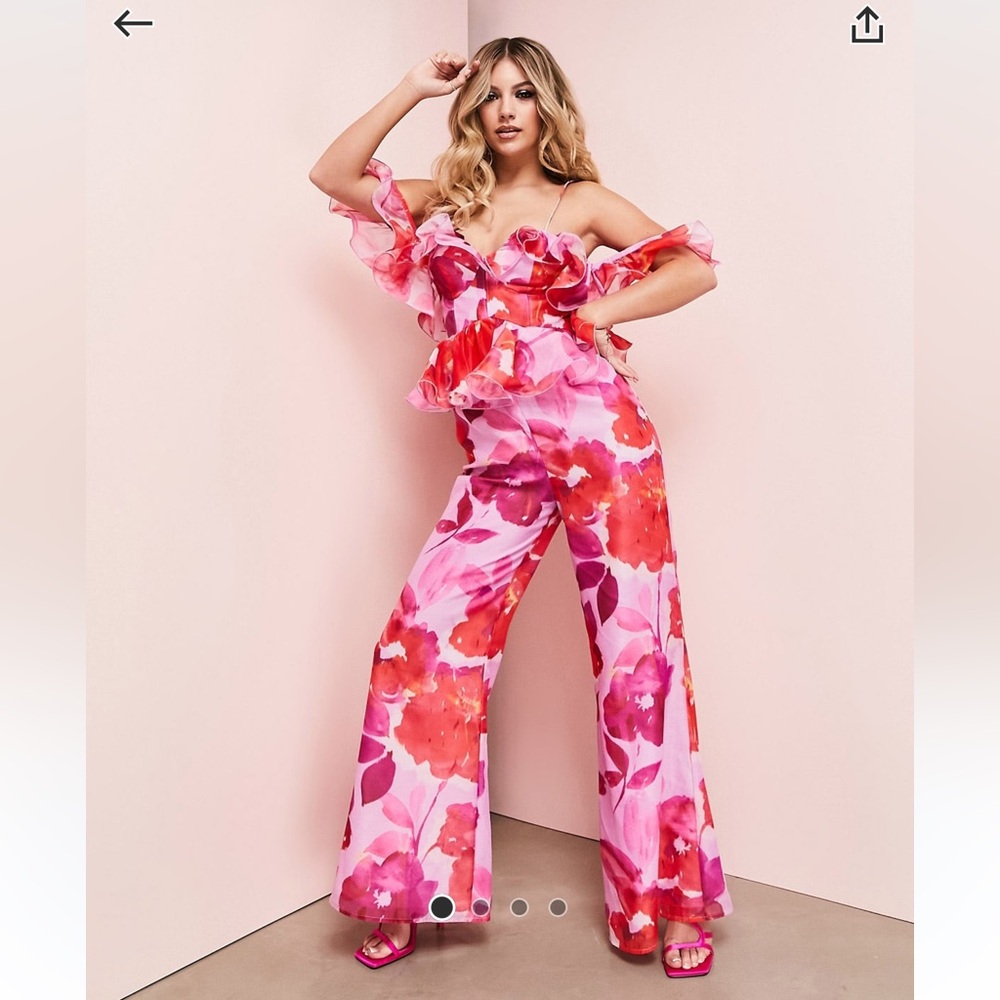 ASOS LUXE strappy cupped ruffle jumpsuit in blurred floral